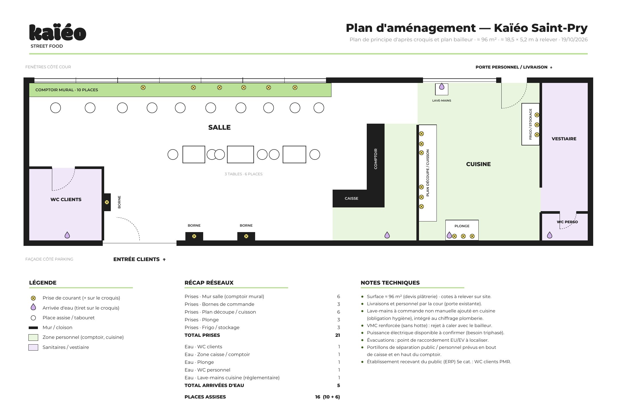 Plan d'aménagement intérieur avec 21 prises, 5 arrivées d'eau et 16 places assises